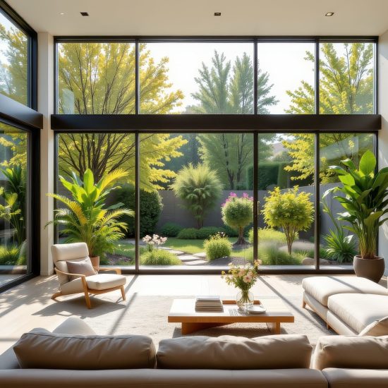 A modern living room where sunlight filters through large windows, illuminating a thriving garden beyond, Generative AI