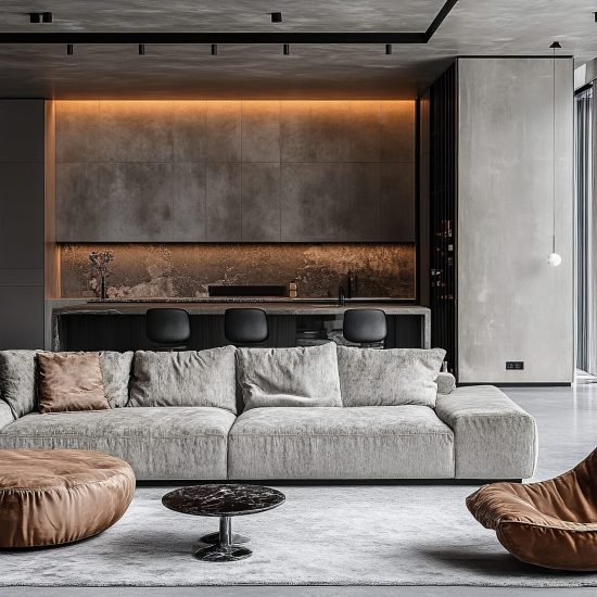 Stylish minimalistic restrained modern interior of the apartment, spacious room with large panoramic windows. No people